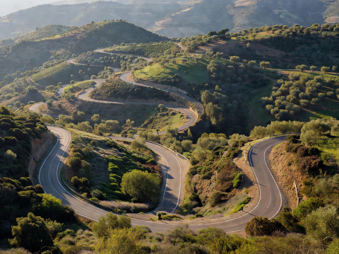 A winding European highway cutting through a hilly landscape