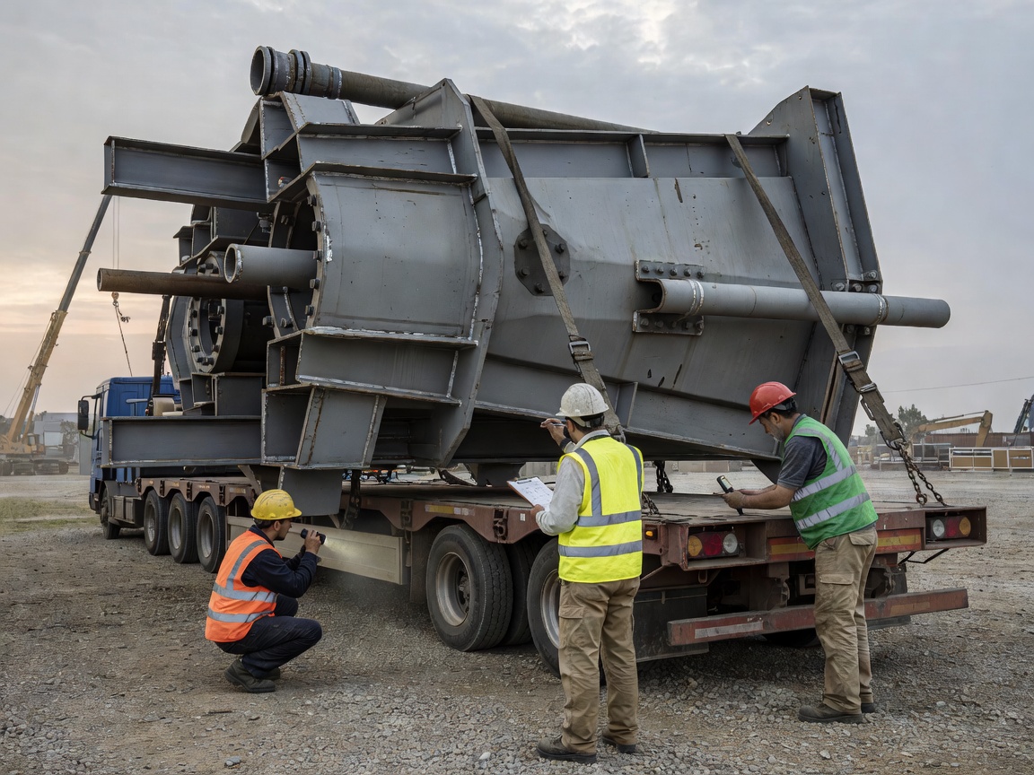 Engineers assessing an oversized load on a flatbed trailer