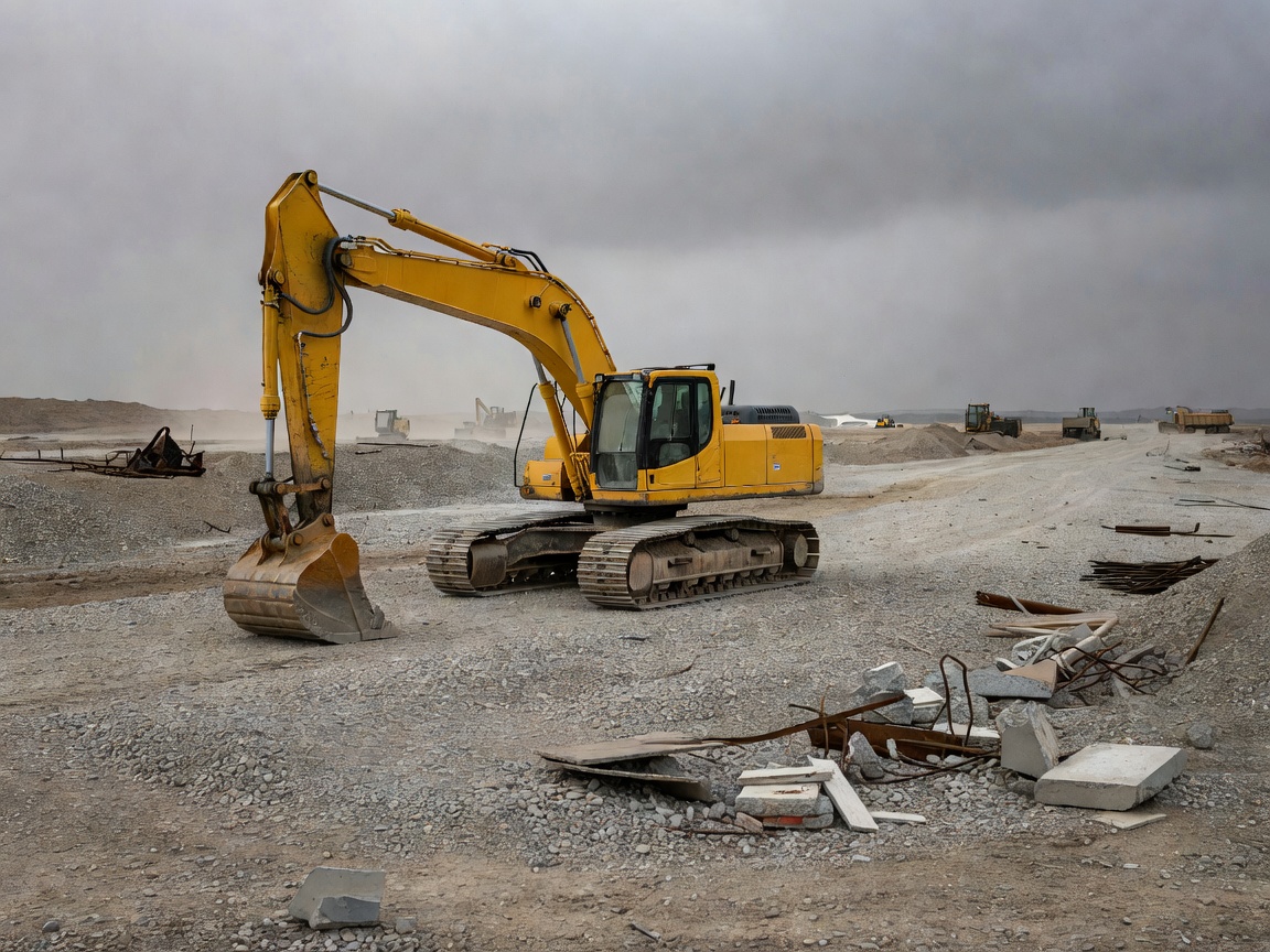 Heavy excavator parked on a gravel construction site