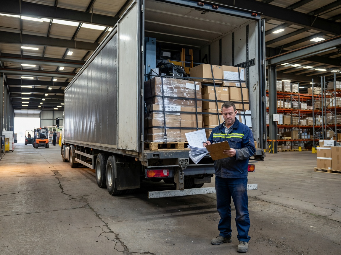 Logistics coordinator reviewing paperwork next to a loaded truck